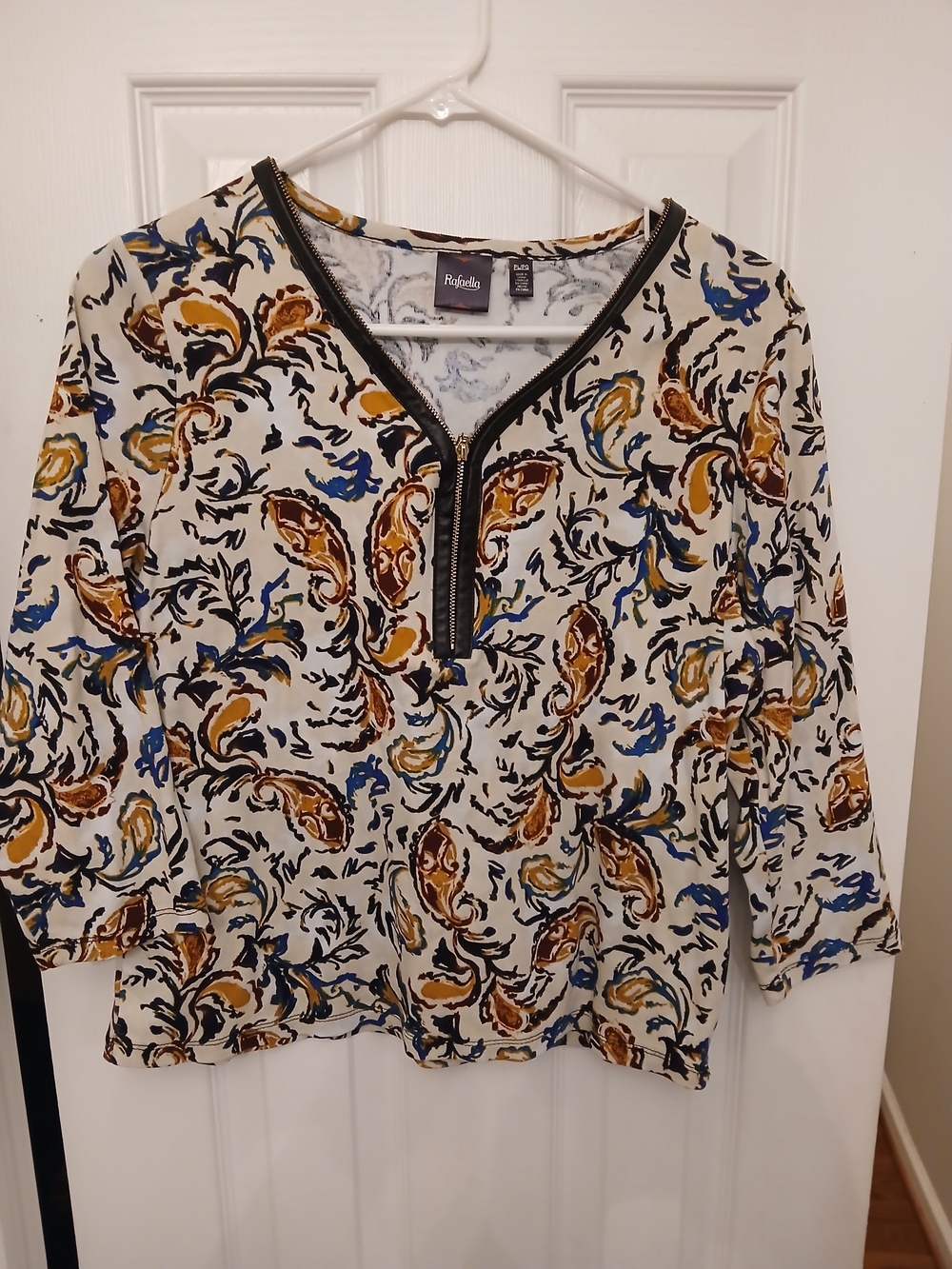 Rafaella Paisley Print Faux Leather Trim Zip Neck Top White & Blue Large